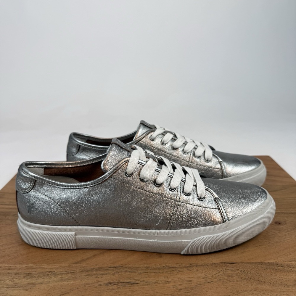 New Womens Frye Gia Pewter Metallic Leather Sneakers Shoes Size 9 M‎